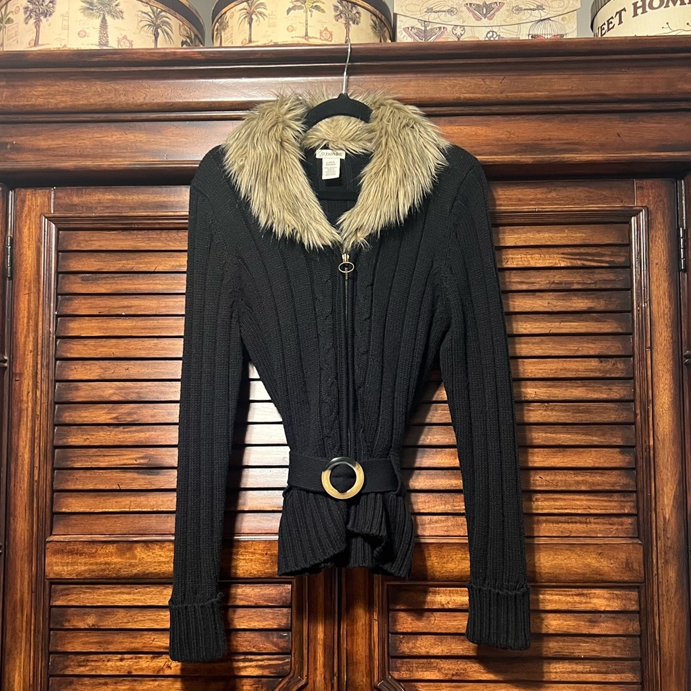 St. John's Bay Black Cardigan with Faux Fur Collar Zip up With Belt. Size Large